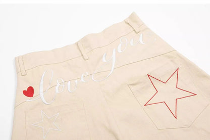 Retro American Star Letter Embroidery Wide Leg Jeans Men's Loose Long Trousers Workwear Pants Summer Denim Low Waist Straight