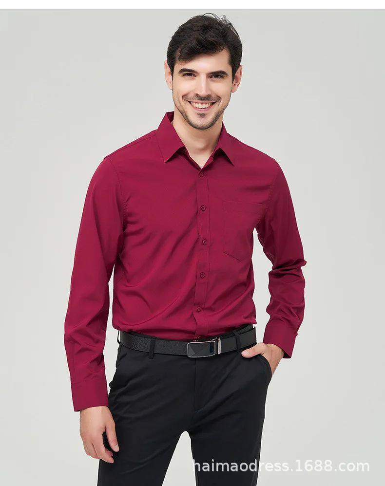 Iron-Free Long Sleeve Silk Smooth Drapey Wedding Shirt for Men Summer Business Formal Wine Red Large Size Men's Clothing