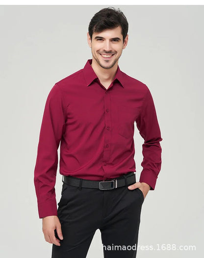 Iron-Free Long Sleeve Silk Smooth Drapey Wedding Shirt for Men Summer Business Formal Wine Red Large Size Men's Clothing