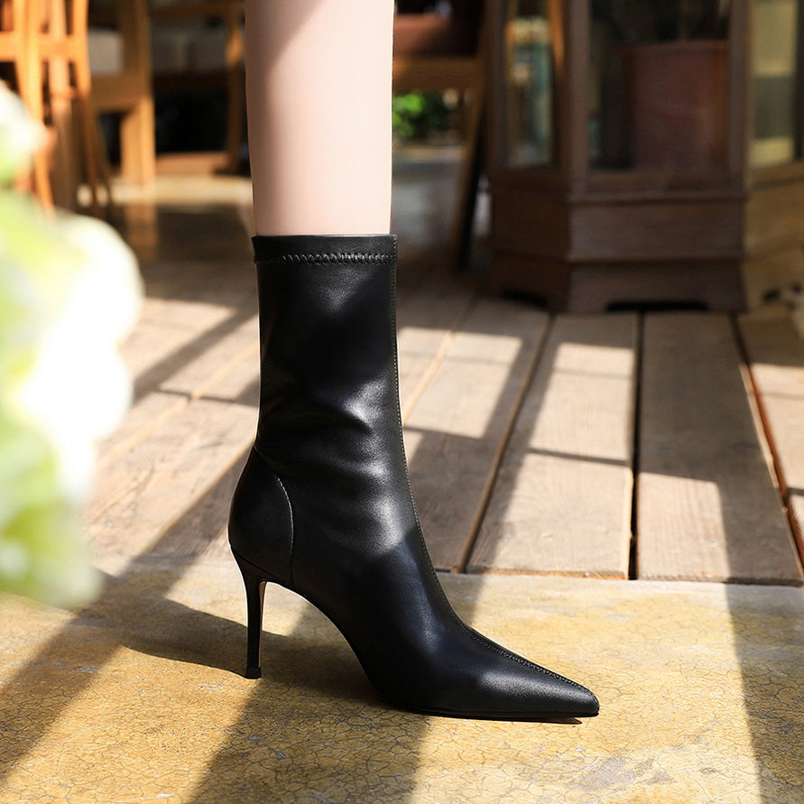 Women 7.5cm 10cm High Heels Leather Boots Lady Low Heels Short Ankle Boots Stripper Winter Warm Snow Plush Pointed Toe Shoes