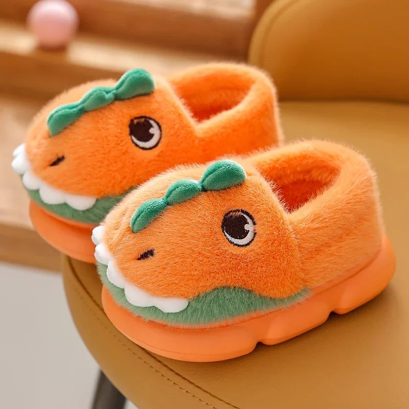 Cute Cartoon Dinosaur Children Plush Slippers Soft Sole Non-slip Winter Warm Baby Boys Girls Indoor Home Heel Wrap Cotton Shoes