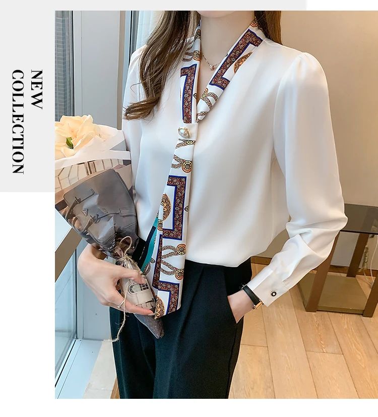 FANAN Elegant Fashion Office Lady Bow Solid Chiffon Shirts Women Clothing New Long Sleeve V-Neck Pullover Top Blouses Female2025