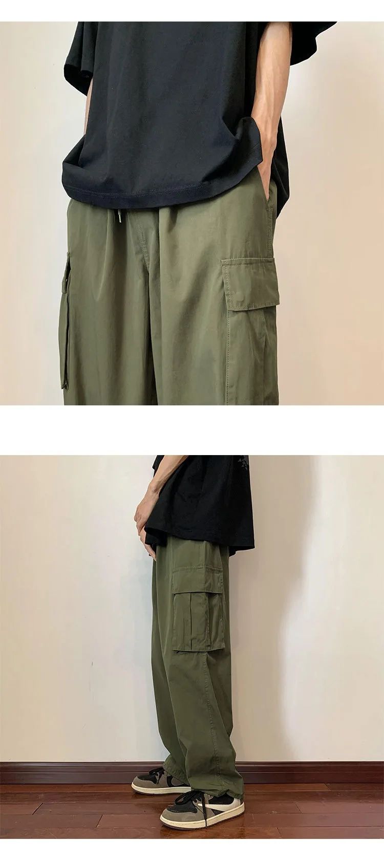 Military Green Amei Kao Men's Cargo Pants Summer Japanese Style Oversize Vintage Heavy Straight-leg Casual Pants