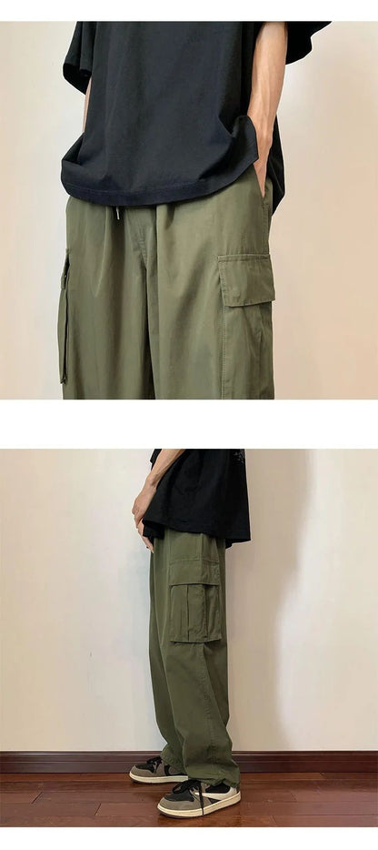 Military Green Amei Kao Men's Cargo Pants Summer Japanese Style Oversize Vintage Heavy Straight-leg Casual Pants