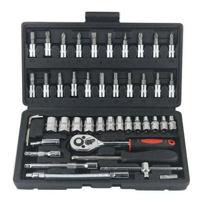 Conjunto de ferramentas para reparo de carros 46 peças, kit de soquetes de 1/4 de polegada, kit de ferramentas para reparo de carros, chave de torque catraca, conjunto combinado para reparos automotivos, ferramenta mecânica