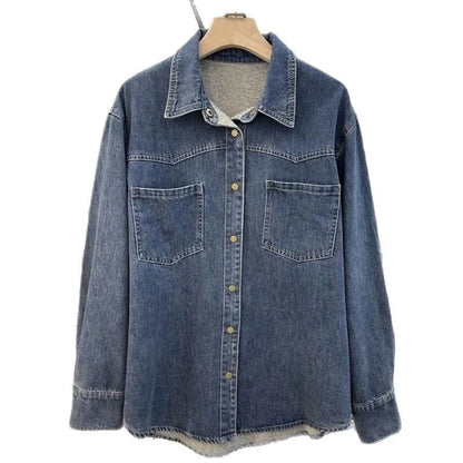 Women's Fleece Lined Thick Denim Shirt Long Sleeve Retro Outerwear Top Quality Material Fashionable Design Spring Autumn Essenti