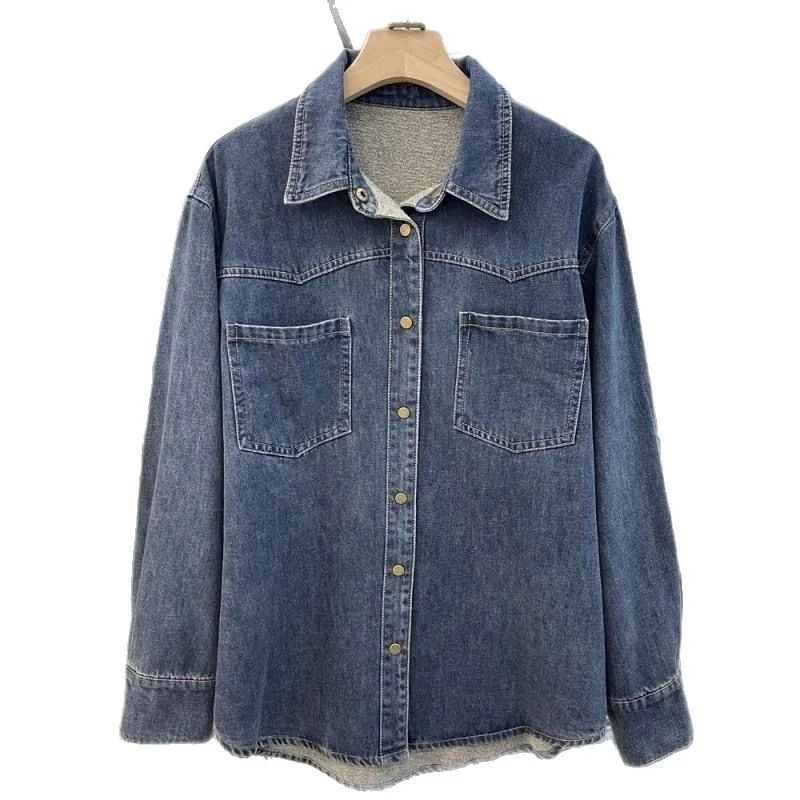 Women's Fleece Lined Thick Denim Shirt Long Sleeve Retro Outerwear Top Quality Material Fashionable Design Spring Autumn Essenti