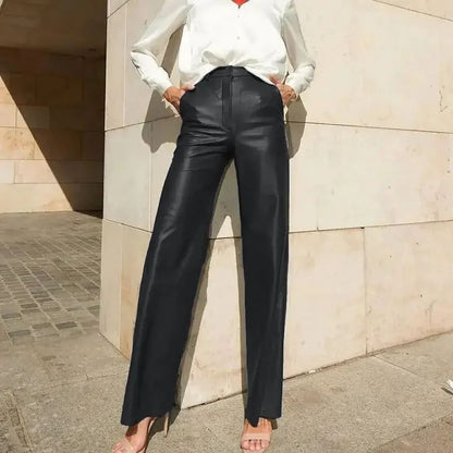 Women's Trousers Spring Fashion PU Leather Mid High Waist Lifting Hip Straight Leg Casual Women's Pants