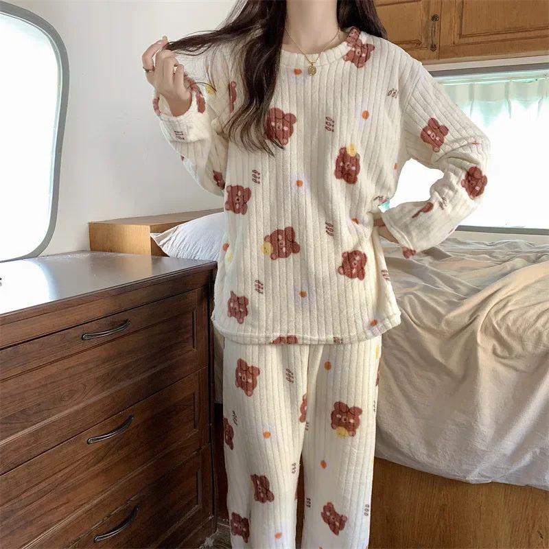 Autumn and Winter Coral Fleece Pajamas Set for Women Warm Lined  Loungewear Cozy Home Sleepwear Christmas Gift