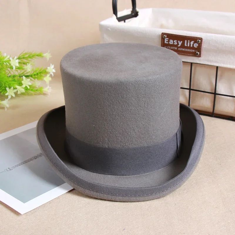 Wool Flat Man Top Hat Fashion Fedora Hats Versatile Panama Magician Cap Gentleman Cylinder Strap Steampunk Unisex Elegant