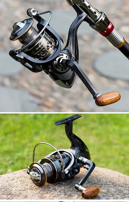 Conjunto Vara e Carretilha de Pesca Spinning 1.8-3.6m Fibra de Carbono para Pesca em Mar e Carretel de Metal com Relação de Recolhimento 5.2:1 com Linhas para Baixo e Carpa