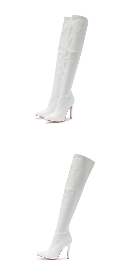 Aneikeh White Sexy Over-the-Knee Side Zipper Slip-On Pointed Toe Shoes NEW Fashion Striped Thin Heels Ladies Boots 2025 Spring