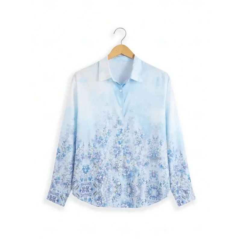 Plus Size Autumn New Women's New Fashionable Shirt Collar with Gradient Flower Print Comfortable Shirt