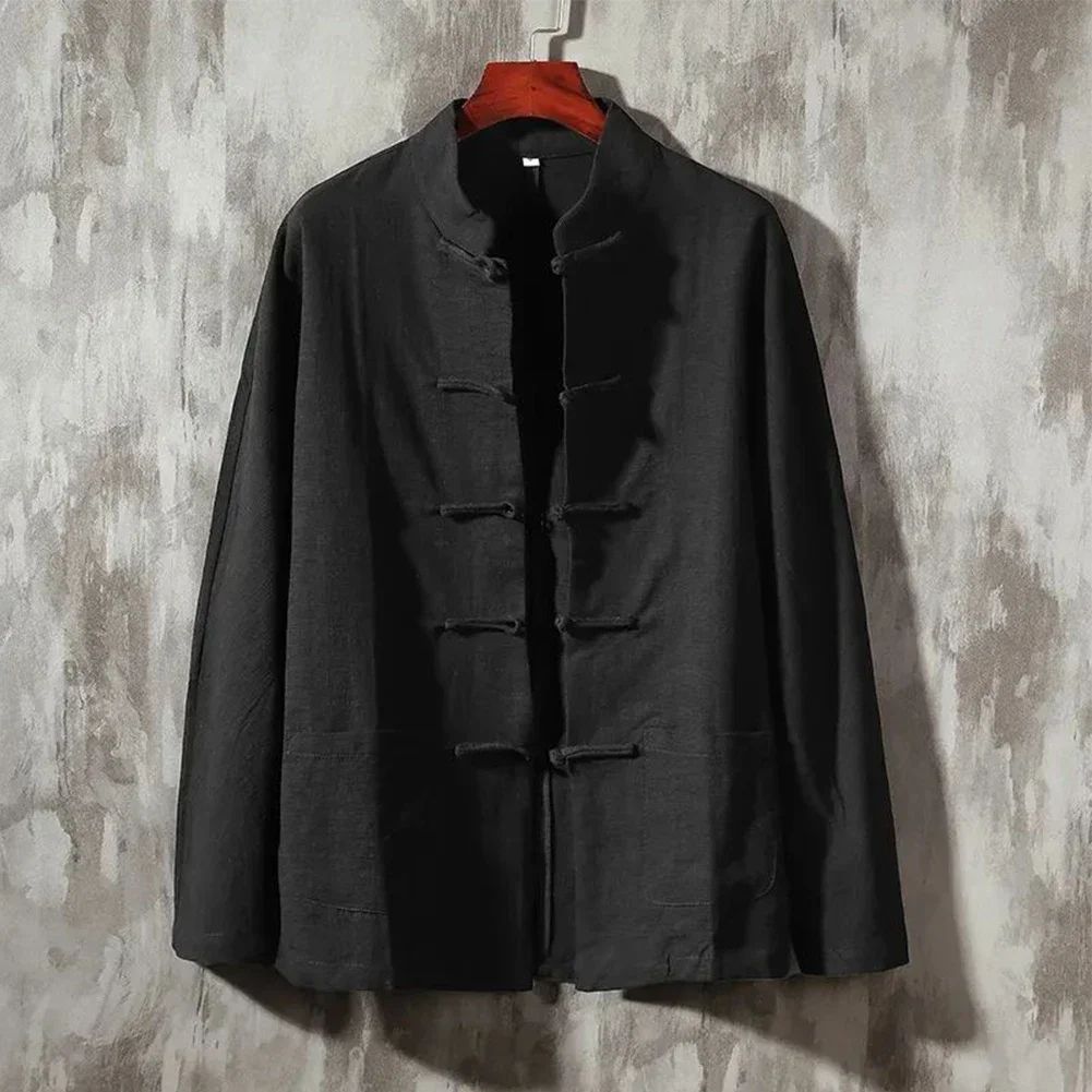 Casual Men's Chinese Style Linen Shirts Stand Collar Traditional Kung Fu Tai Chi Shirt Coat Tang Suit Uniform Jacket Men Clothes