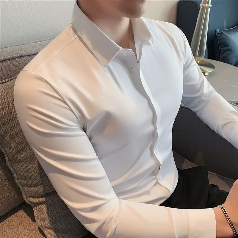 Seamless Anti-wrinkle Business Silky High Elastic Spandex Men's Long-sleeved Shirt Formal Social Non-iron Solid Color Casual