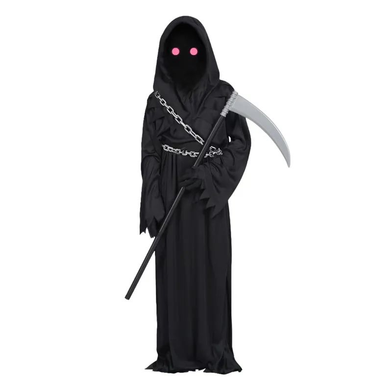 Dark Ghost Scary Costume with Reaper's Scythe for Kids Red-Eyed Death Scary Costume with Chain for Kids Gifts
