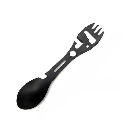 Outdoor Multi-functional 5-in-1 EDC Camping Survival Tool Stainless Steel Fork Knife Spoon Can Opener Bottle Opener Wrench