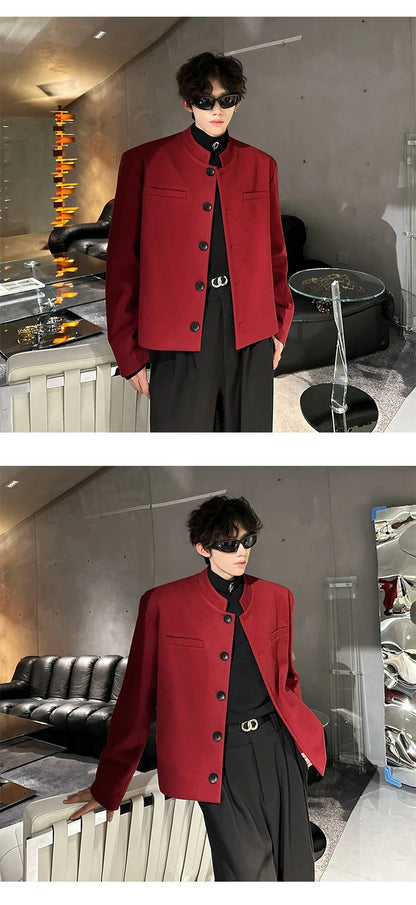 Wine Red Blazers Men Suit Jackets Casual Stand Collar Solid Color Male Short Coats Korean Trendy Men's Clothing Autumn New