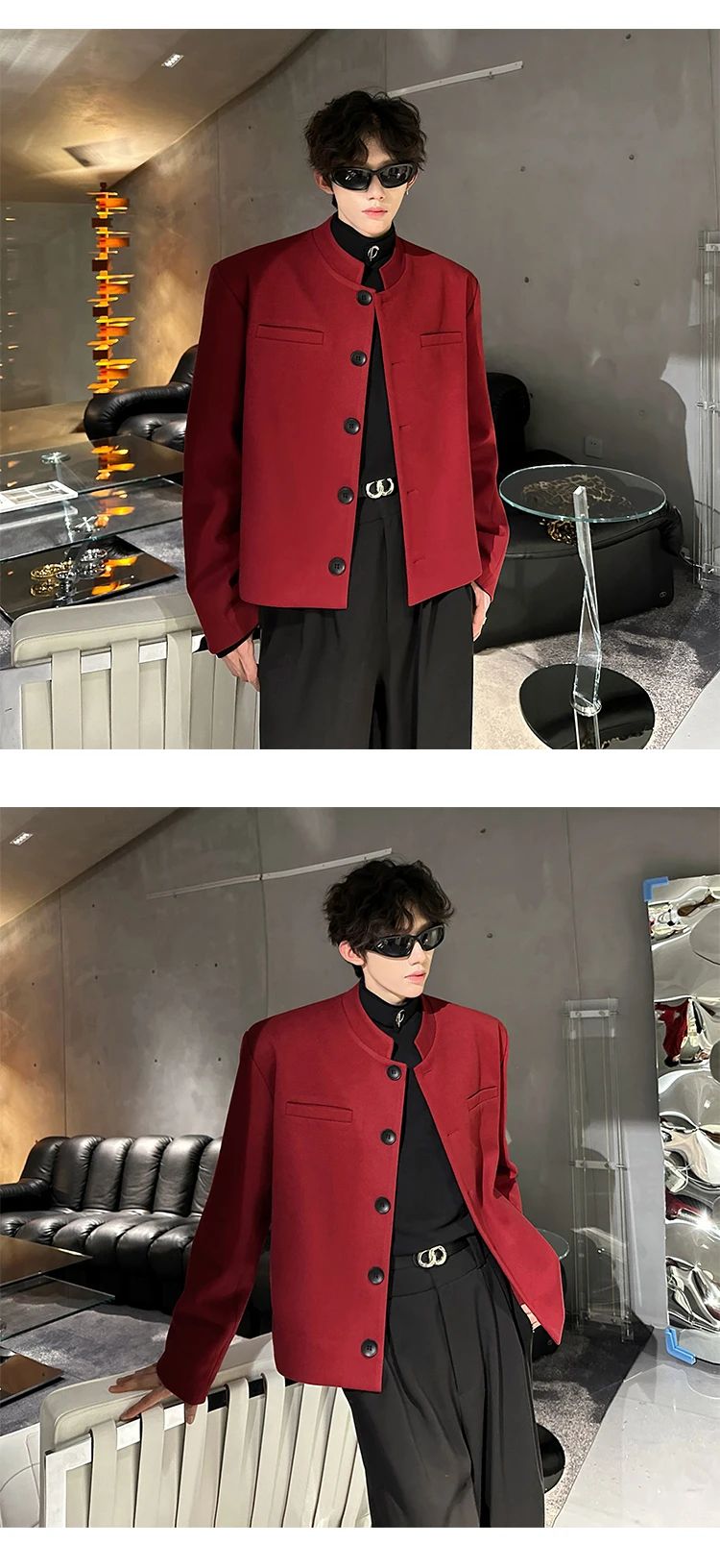 Wine Red Blazers Men Suit Jackets Casual Stand Collar Solid Color Male Short Coats Korean Trendy Men's Clothing Autumn New