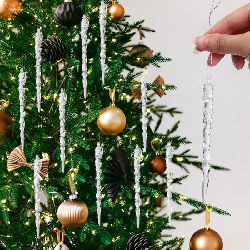 60/12PCS Clear Acrylic Icicle Christmas Ornaments Crystal Hanging Pendant Spiral Strip Icicle for Xmas Tree Wedding Party Decor