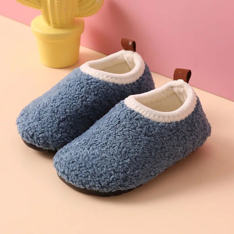 Children Cotton Slippers Solid Warm Kids Winter Home Shoes Boys Girls Plush Floor Shoes Indoor Soft Sole Anti-slip Cotton Shoes