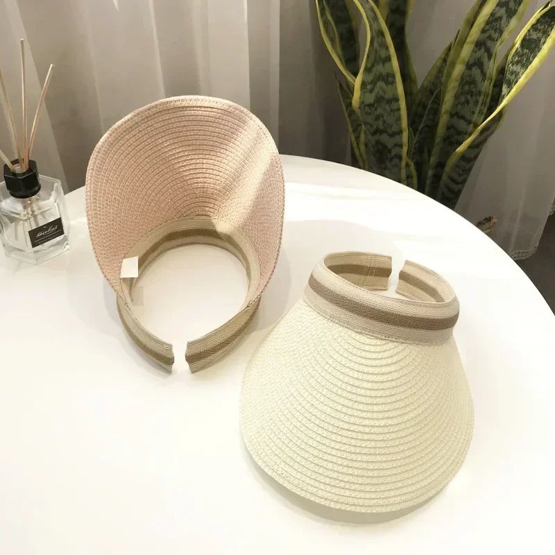 2025 New Summer Outdoor Visor Cap Casual Shade Hat Straw Wide Empty Top Sun Hat Anti Uv Female Large Brim Beach Sunhat Lady
