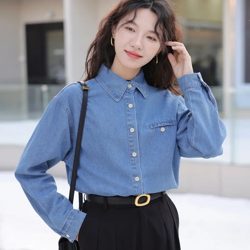 2024 New Vintage Loose-Fit Denim Shirt Women's Petite Top Commuter Jacket Fashionable Through-The-Year Style