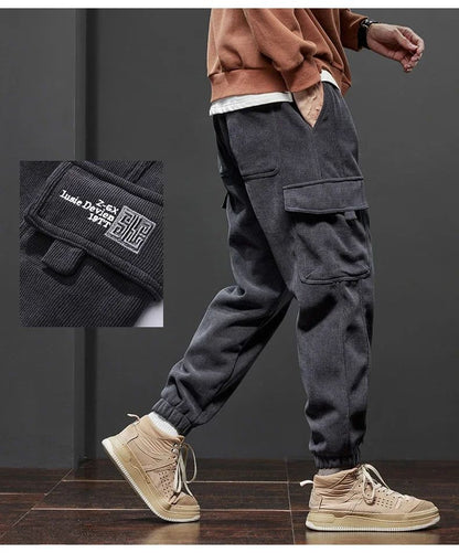 Winter New Thickened Warm Men's Corduroy Cargo Pants Fleece Loose Streetwear Joggers Harem Pants Sweatpants Male Trousers Black