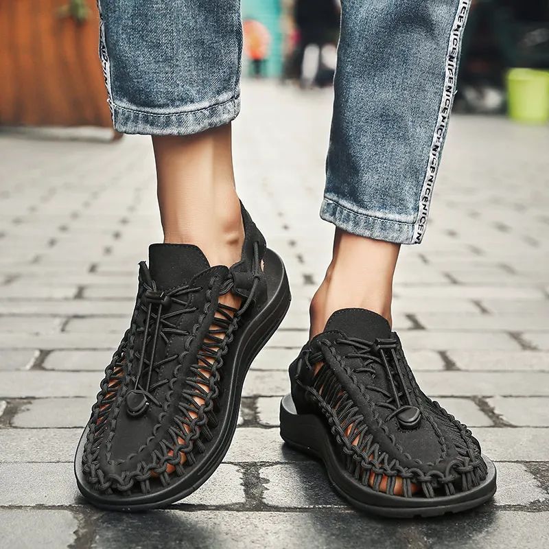 Summer Men Sandals Women Slippers Weaving Design Beach Sandals Breathable Casual Flat Sandals Outdoor Couples Sandals Size 48