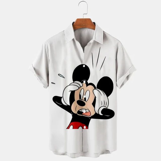 2023 Summer New Men's Casual Trend Fashion Cartoon Mickey Mouse Goofy Needle Harajuku Summer Top Men's Lapel Short Sleeve Shirt