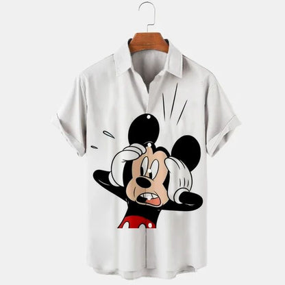 2023 Summer New Men's Casual Trend Fashion Cartoon Mickey Mouse Goofy Needle Harajuku Summer Top Men's Lapel Short Sleeve Shirt
