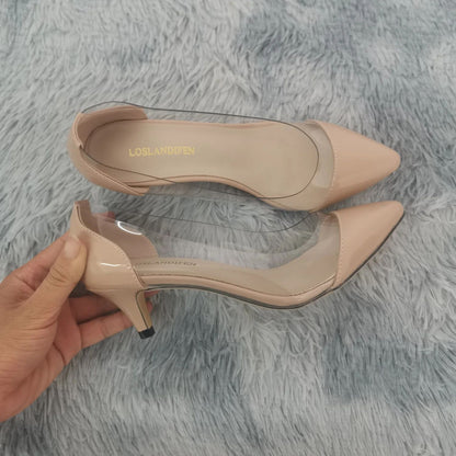Women Patent Leather Sexy Pumps 2025 Autumn PVC Transparent 5cm Low Heel Pointed Toe Slip-on Thin High Heels Party Wedding Shoes