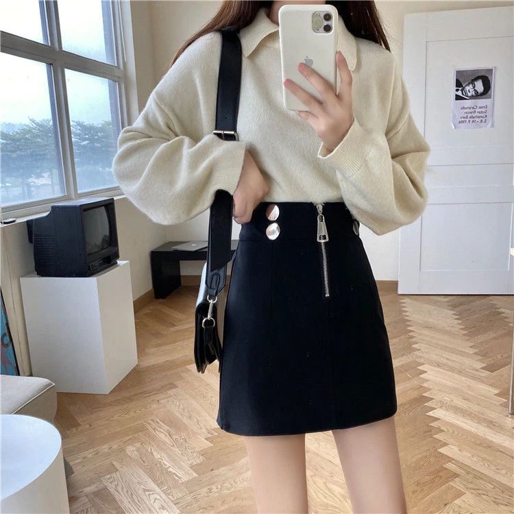 Women Clothing Spring Autumn Fashion Korean Zipper Solid Color High Waist A-line Skirt Female Fashionable Appear Thin Slim Skirt