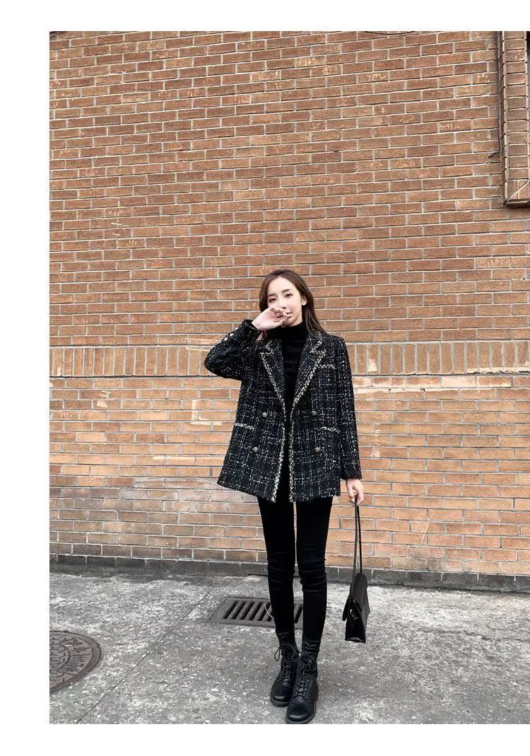 Thickened Cotton Tweed Coat for Women Spring Loose Plaid Outerwear Cozy Style Large Size Patchwork Small Suiting