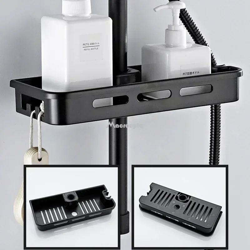 Organizador de armazenamento para chuveiro, sem perfuração, suporte para chuveiro de elevação, suporte para sabonete, shampoo, bandeja, prateleiras de poste