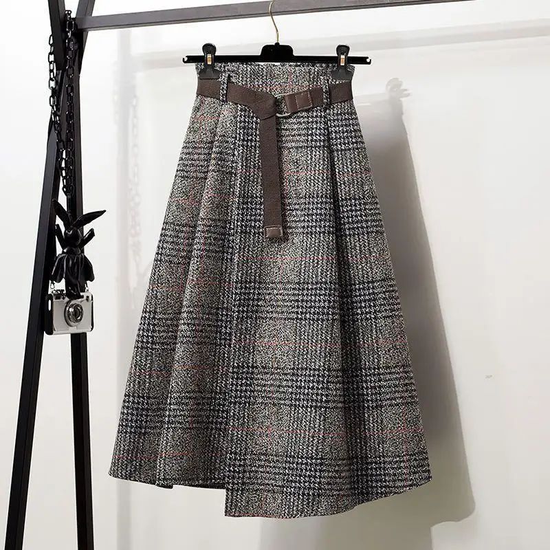 WoolenPlaid Irregular Large-Length Skirt New Spring-Autumn Vintage High-Waisted Slimming Medium-Length Women's Skirt