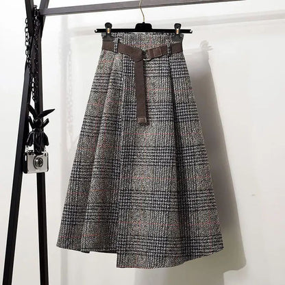 WoolenPlaid Irregular Large-Length Skirt New Spring-Autumn Vintage High-Waisted Slimming Medium-Length Women's Skirt