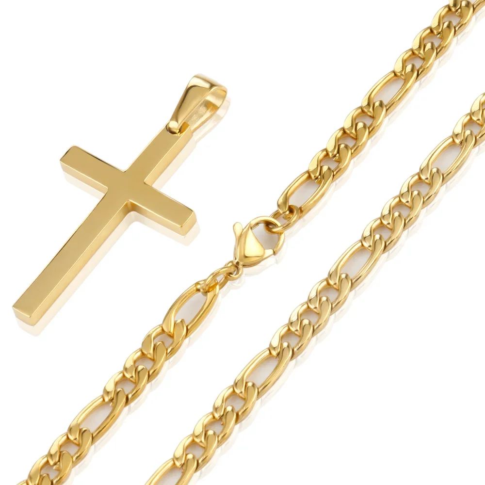 Colar de Aço Inoxidável 316L com Corrente Figaro para Homens e Mulheres, Pingente de Cruz Dourado/Prateado, Colares à Prova D'água, Joias da Moda