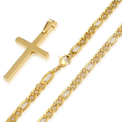 Colar de Aço Inoxidável 316L com Corrente Figaro para Homens e Mulheres, Pingente de Cruz Dourado/Prateado, Colares à Prova D'água, Joias da Moda