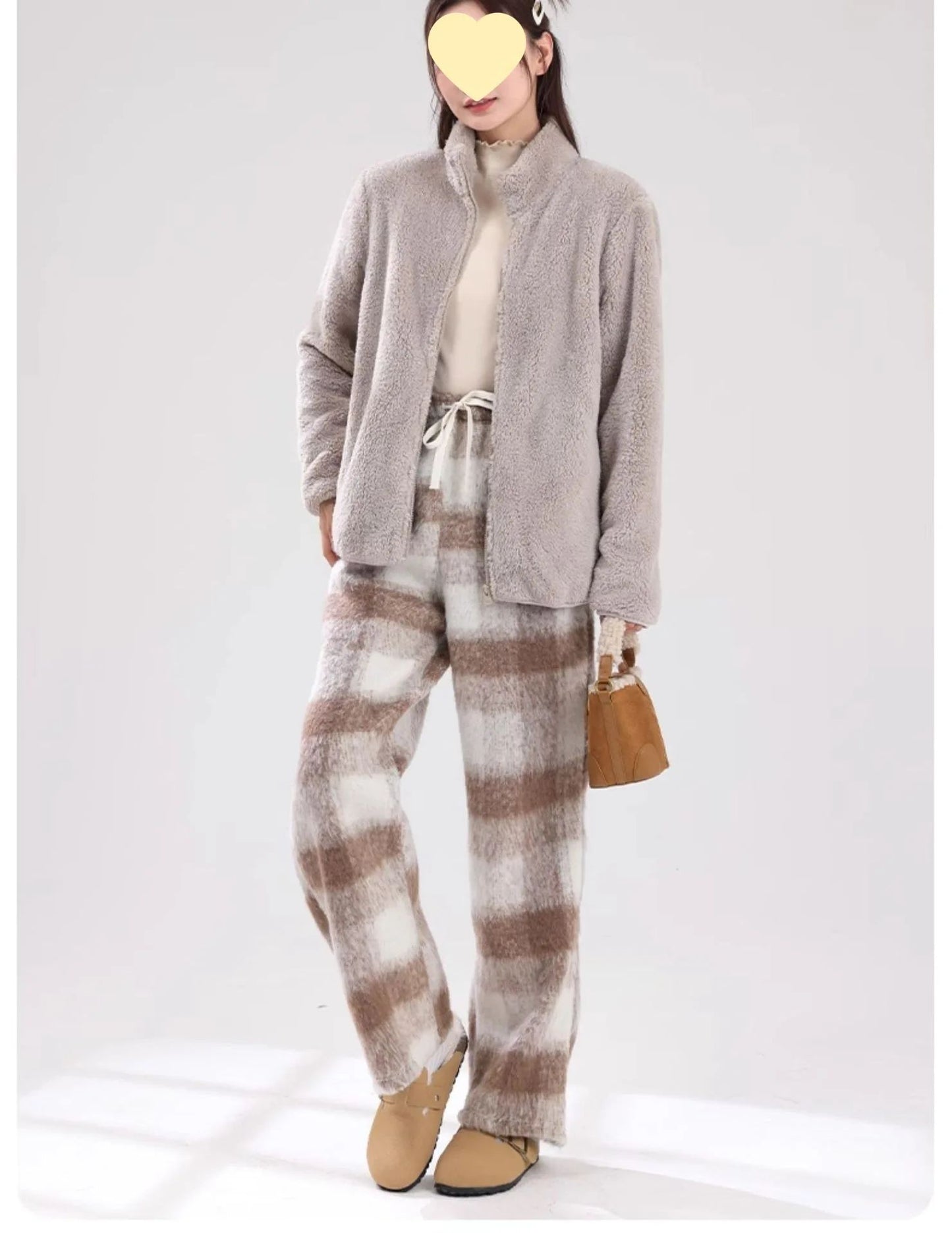 Women's Double-Sided Fleece Jacket Grey Warm Stand-Collar Thick Winter Outerwear Trendy Sweatshirt Style Casual Loose Fit