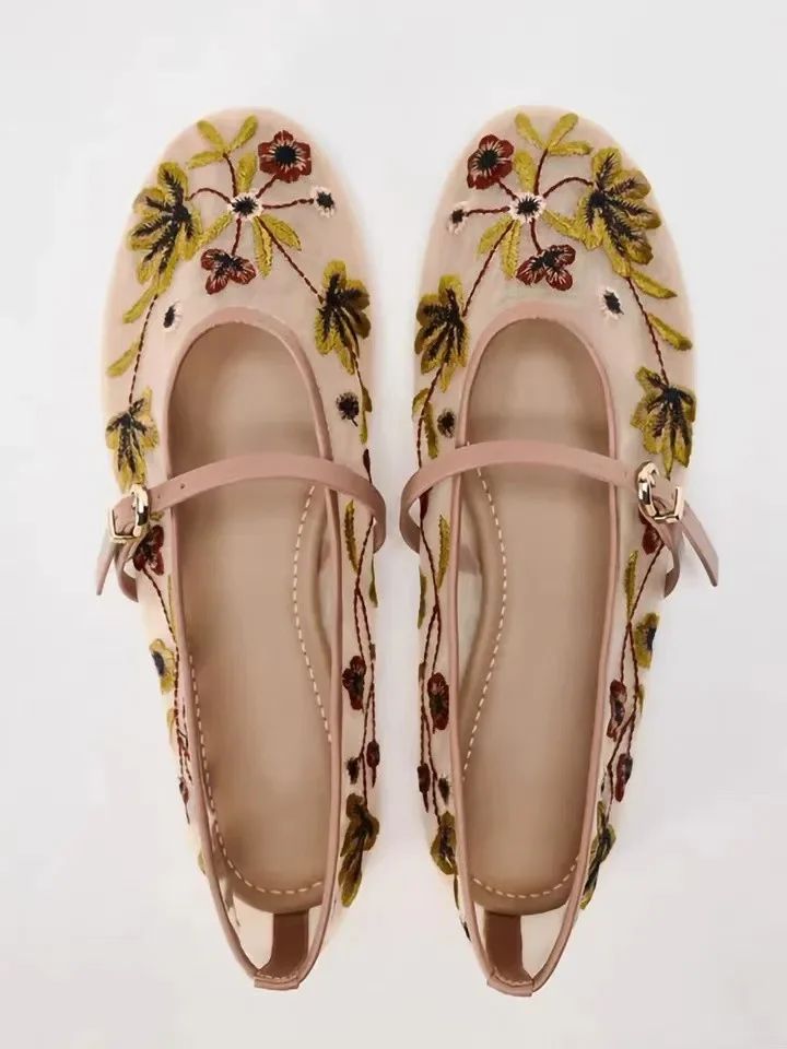 New Mesh Breathable Ballet Flats Women Luxury Designer Embroidered Flower Mary Jane Shoes Light Comfort Low Heeled Summer Flats