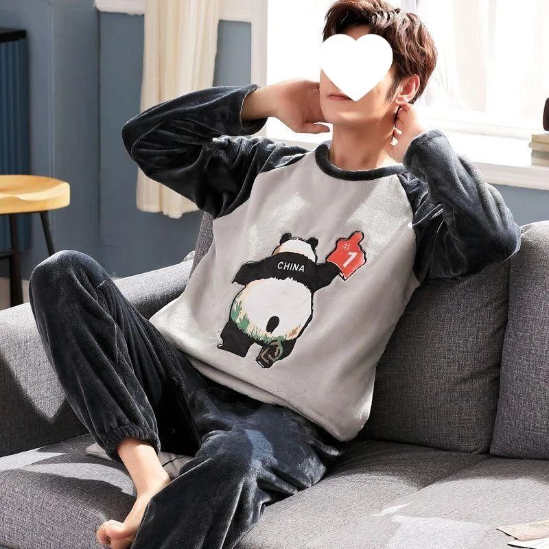 Thickened Flannel Sleepwear Set for Men Winter Home Clothes Coral Fleece Lined Autumn Winter Style Overhead Mens Nightgown