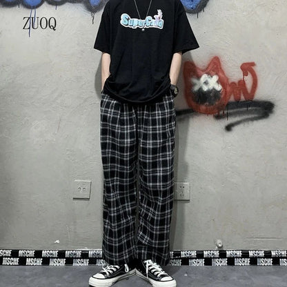 2025 Korean Style Plaid Pants Women Summer New Loose Straight Wide-leg Loose Casual Office Lady Trousers Daily Sweatpants Female