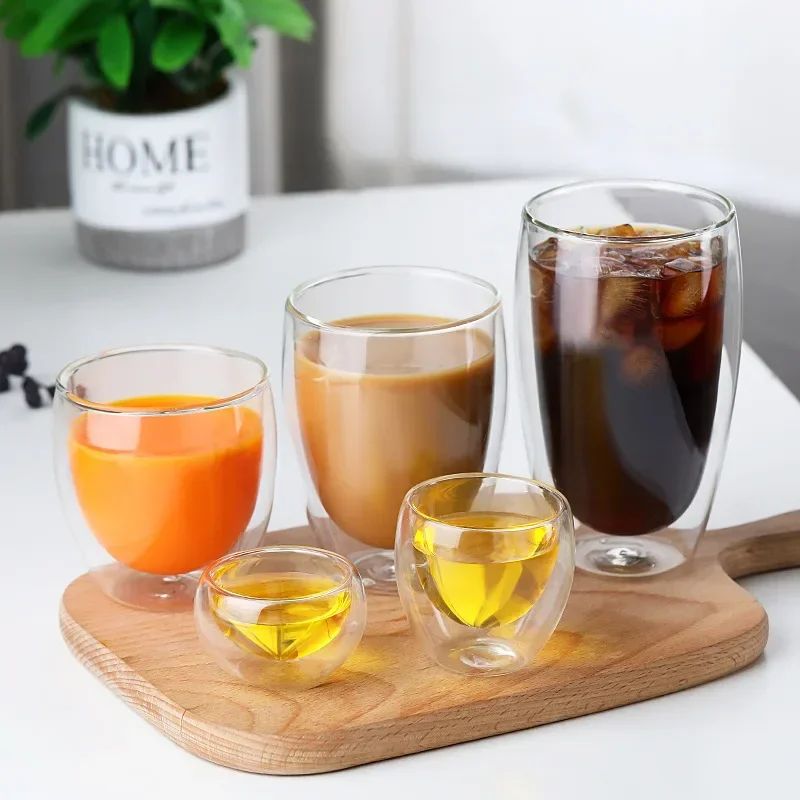 Copo de Vidro de Parede Dupla Resistente ao Calor 80-650ml Copos Transparentes para Cerveja Leite Café Água Atacado Conjunto de Canecas de Vidro para Beber Presente