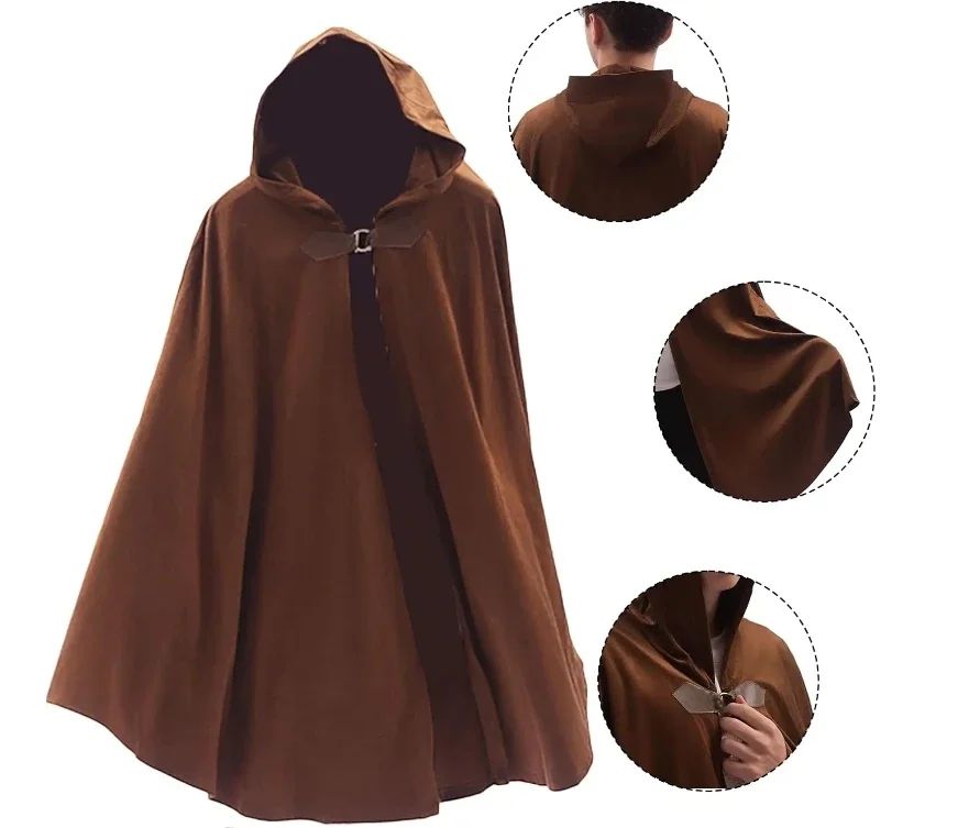 Cloak with Hood Men?Medieval Costume Men Round Metal Buckle Cloak with Green Leaf Brooch Necklace for Halloween