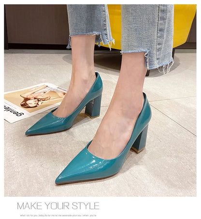 Women Shoes Patent Leather Slip-On Chunky Heels High Heels Women Temperament Pointed Toe Shallow Sexy Wedding Shoes Pumps