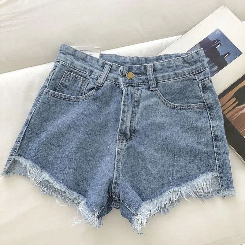 2025 New Summer Women High Wiast Raw Hem Denim Shorts Soild White Black Blue Korean Wide Leg Pants Mon Shorts  Jean Shorts