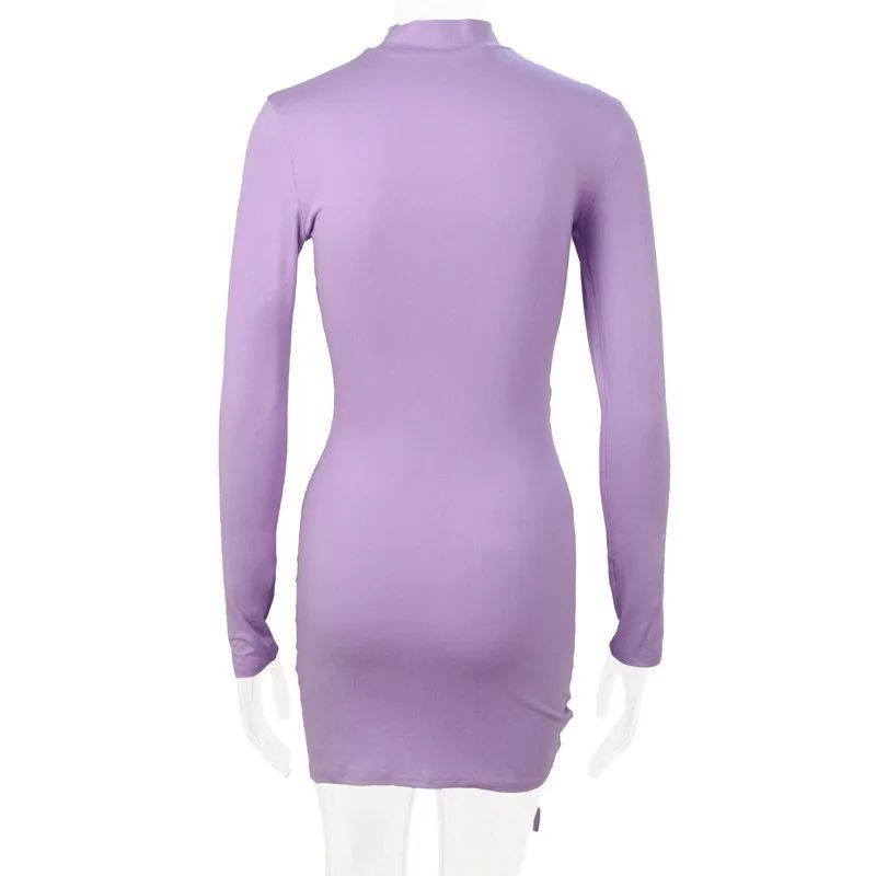 New Dresses 2025 Woman Fashion Summer High-neck Purple Long-sleeved Pleated Tie-up Dress Skirt Women's Clothing