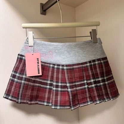 American Retro Spicy Girl Plaid Half Skirt Women Summer New Embroidery Patchwork Fashion High Waist Pleated Short Skirt
