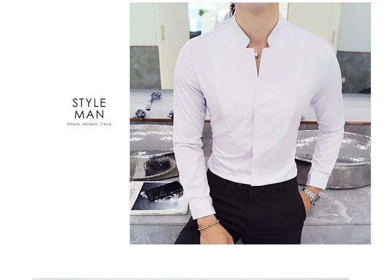 Black Men Long Sleeve Shirt, White Single Breasted Collar Stretch Shirts, Red Fashion Slim Top,Asian Size M-5XL(Korean Slim Fit)